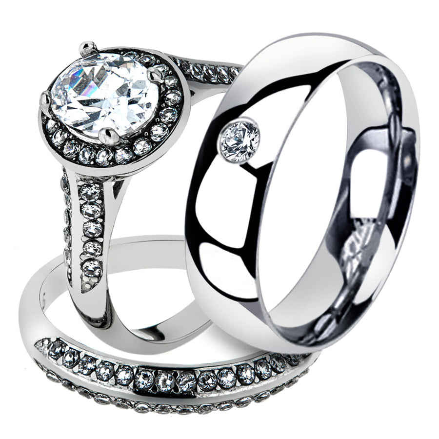 His and Her 3 Pc Stainless Steel 2.60 Ct Cz Bridal Set and Men Zirconia Wedding Band Image 1