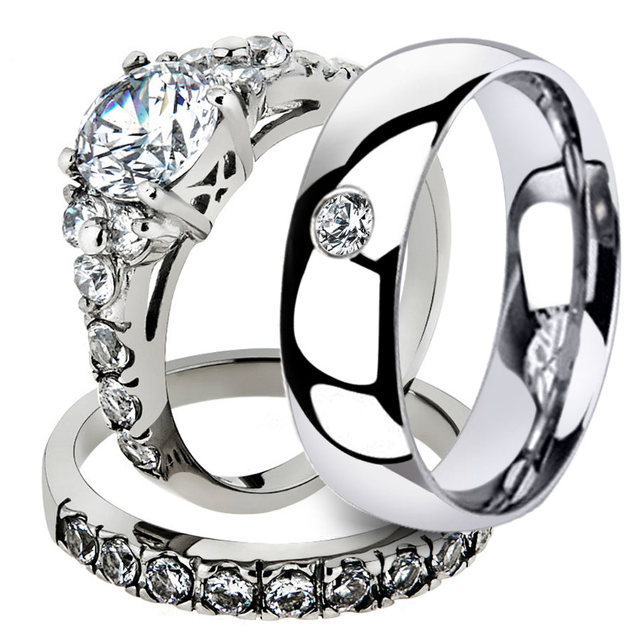 His and Her 3 Pc Stainless Steel 2.50 Ct Cz Bridal Set and Men Zirconia Wedding Band Image 1