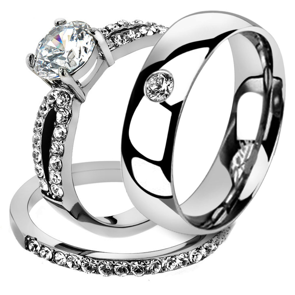 His and Her 3 Pc Stainless Steel 1.25 Ct Cz Bridal Set and Men Zirconia Wedding Band Image 1