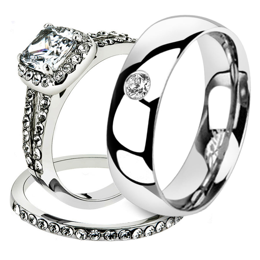 His and Her 3 Pc Stainless Steel 1.80 Ct Cz Bridal Set and Men Zirconia Wedding Band Image 1