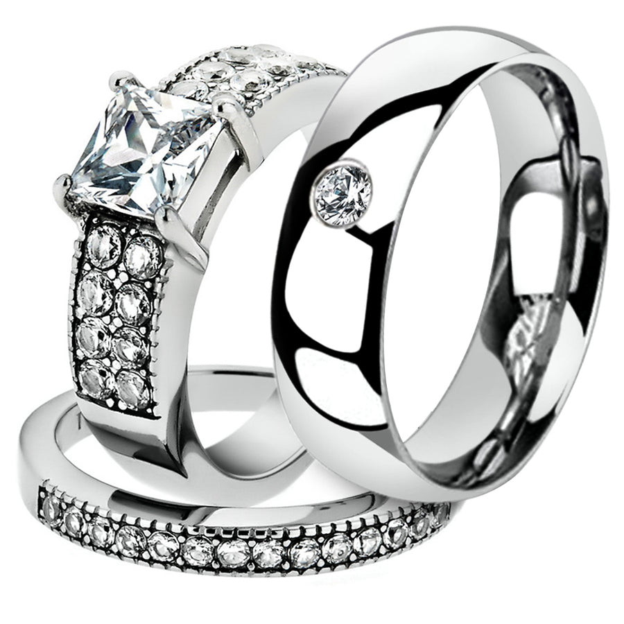 His and Her 3 Pc Stainless Steel 2.07 Ct Cz Bridal Set and Men Zirconia Wedding Band Image 1