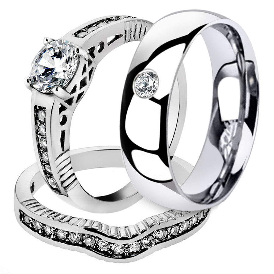 His and Her 3 Pc Stainless Steel 1.75 Ct Cz Bridal Set and Men Zirconia Wedding Band Image 1