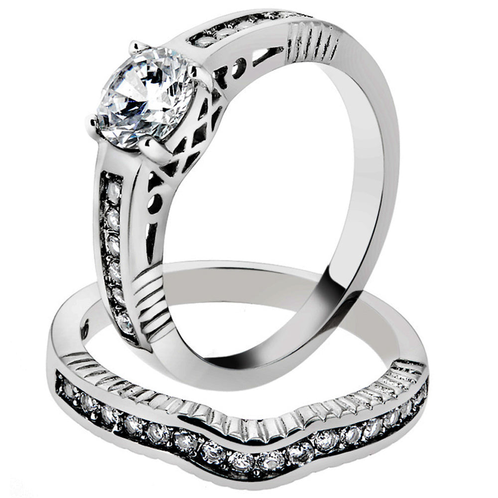 His and Her 3 Pc Stainless Steel 1.75 Ct Cz Bridal Set and Men Zirconia Wedding Band Image 2