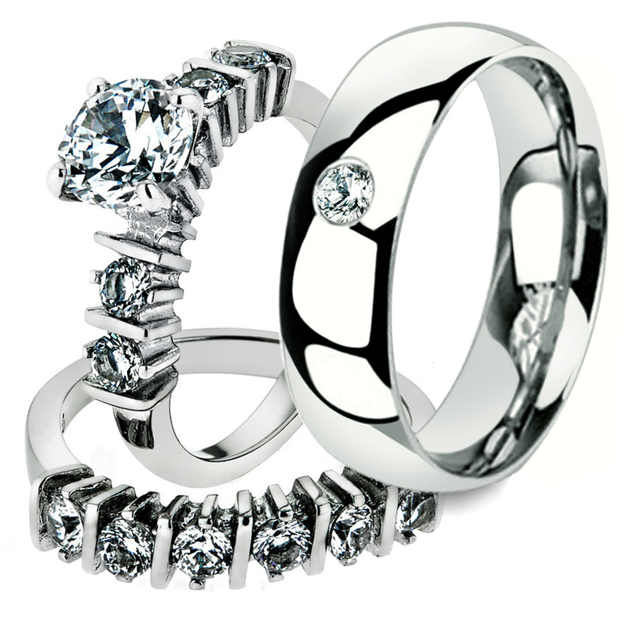His and Her 3 Pc Stainless Steel 2.38 Ct Cz Bridal Set and Men Zirconia Wedding Band Image 1