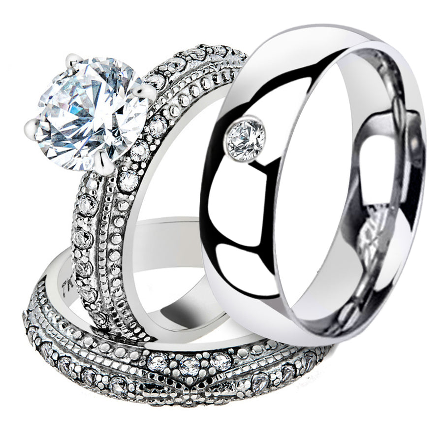 His and Her 3 Pc Stainless Steel 3.25 Ct Cz Bridal Set and Men Zirconia Wedding Band Image 1
