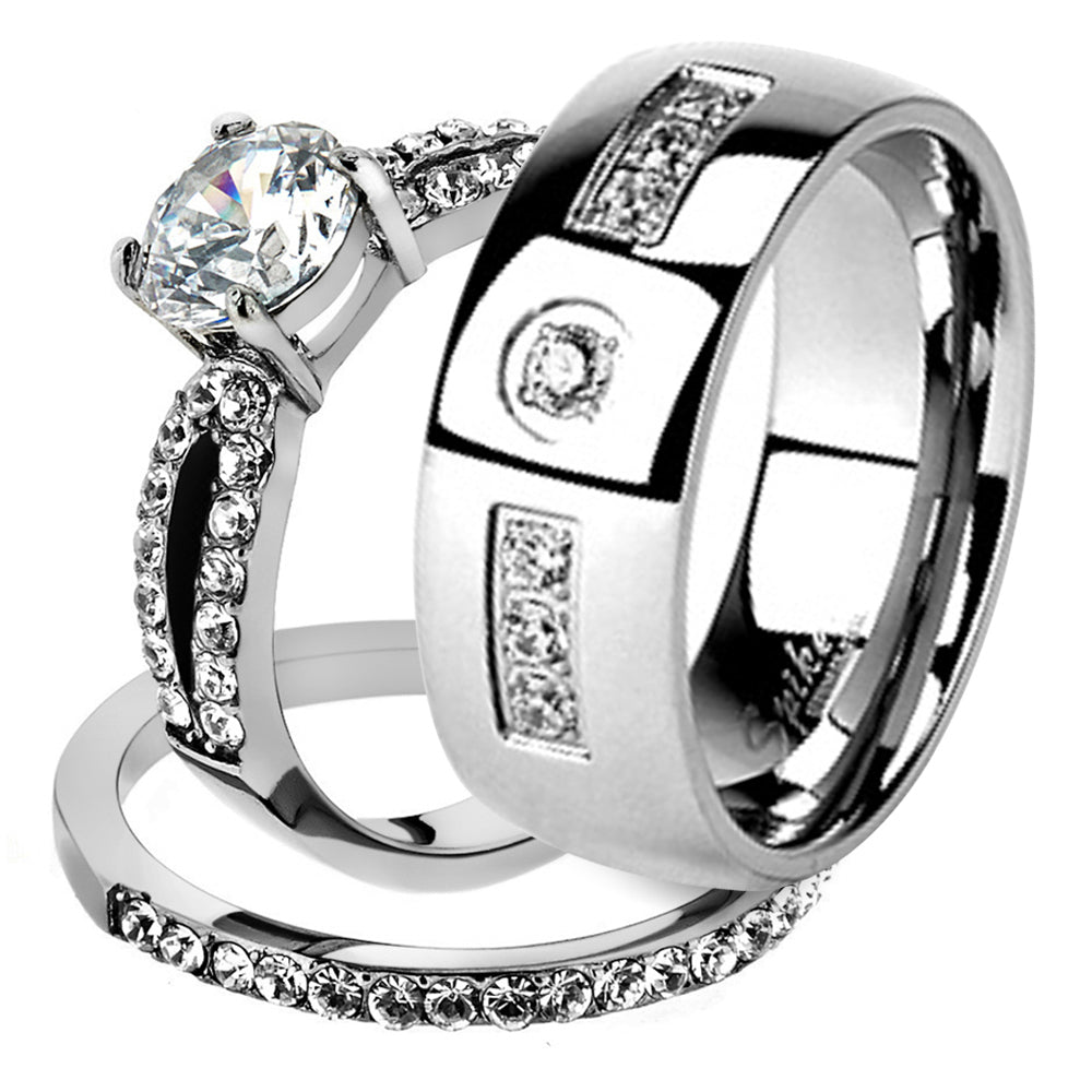 His and Her Stainless Steel 1.25 Ct Cz Bridal Ring Set and Men Zirconia Wedding Band Image 1