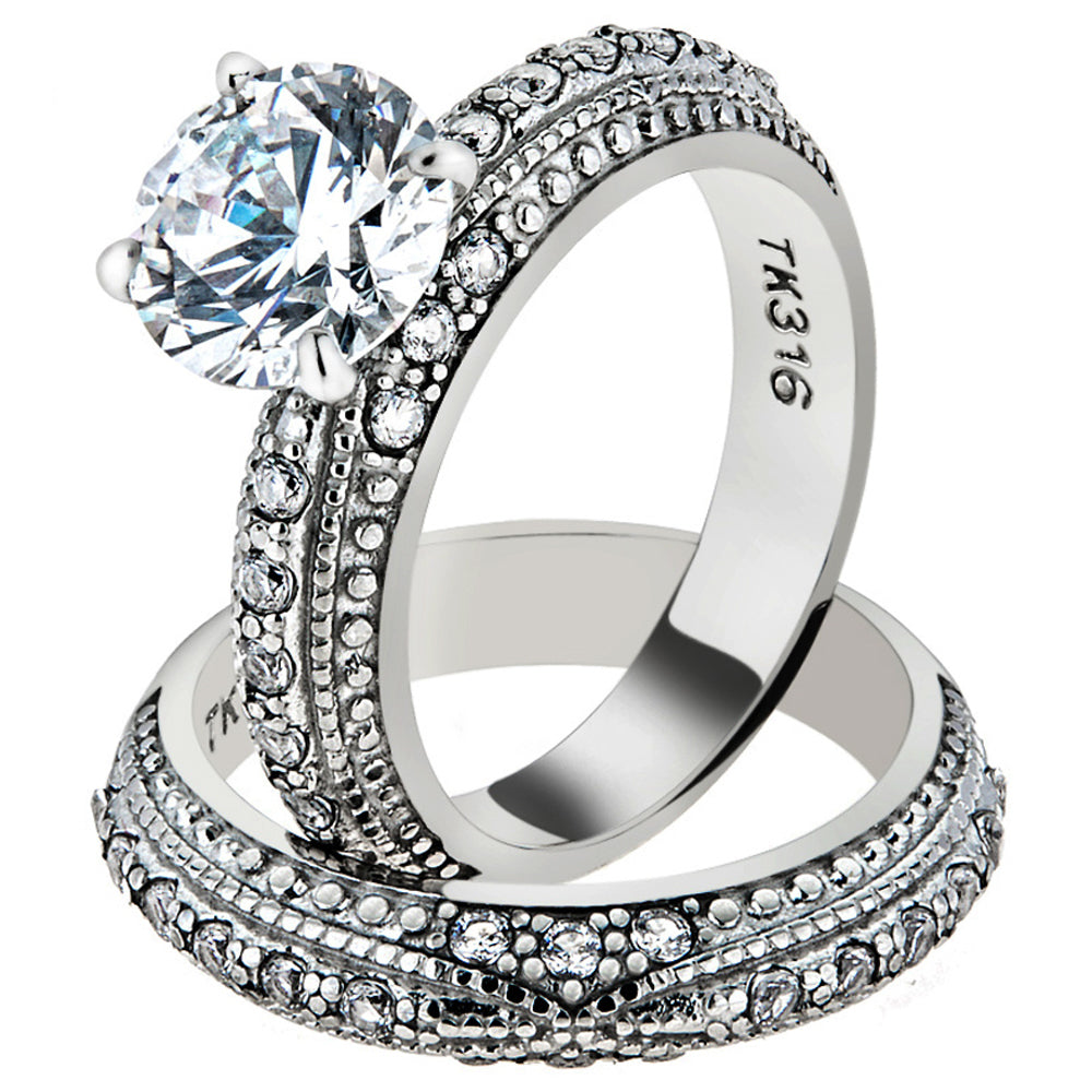 His and Her 3 Pc Stainless Steel 3.25 Ct Cz Bridal Set and Men Zirconia Wedding Band Image 2