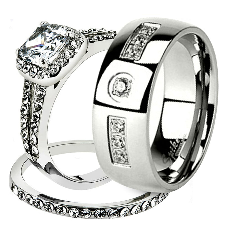 His and Her Stainless Steel 1.80 Ct Cz Bridal Ring Set and Men Zirconia Wedding Band Image 1