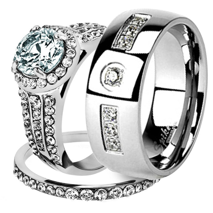 His and Her Stainless Steel 2.45 Ct Cz Bridal Ring Set and Men Zirconia Wedding Band Image 1