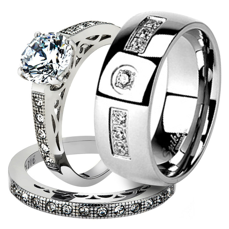 His and Her Stainless Steel 1.39 Ct Cz Bridal Ring Set and Men Zirconia Wedding Band Image 1