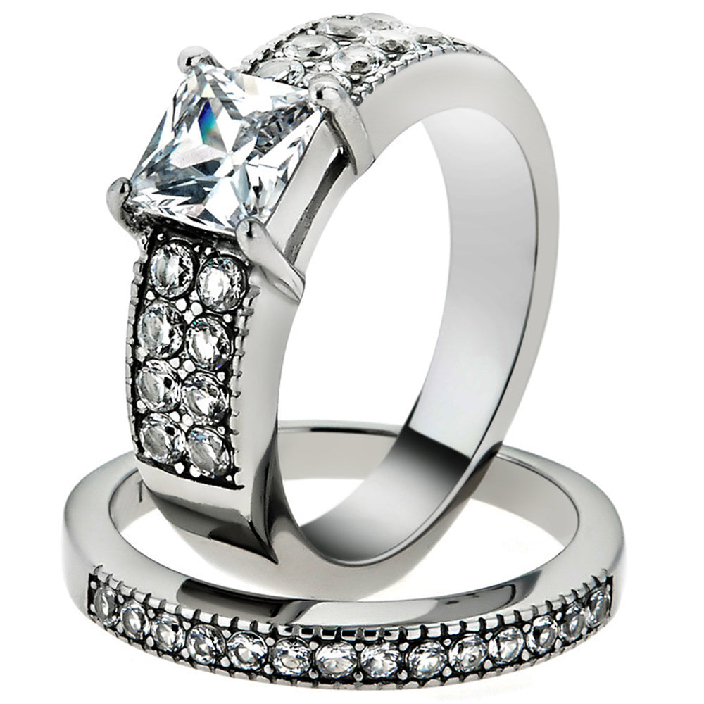 His and Her Stainless Steel 2.07 Ct Cz Bridal Ring Set and Men Zirconia Wedding Band Image 2