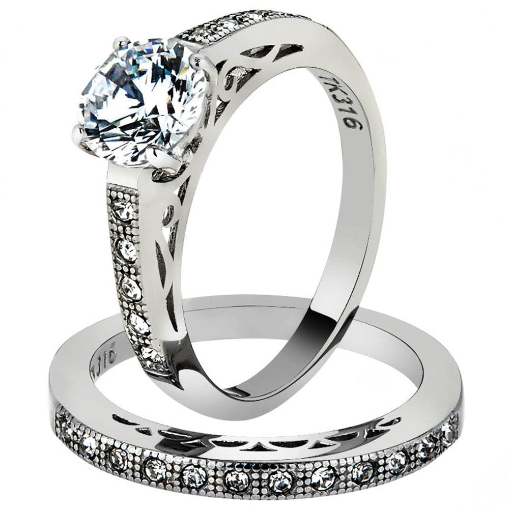 His and Her Stainless Steel 1.39 Ct Cz Bridal Ring Set and Men Zirconia Wedding Band Image 2