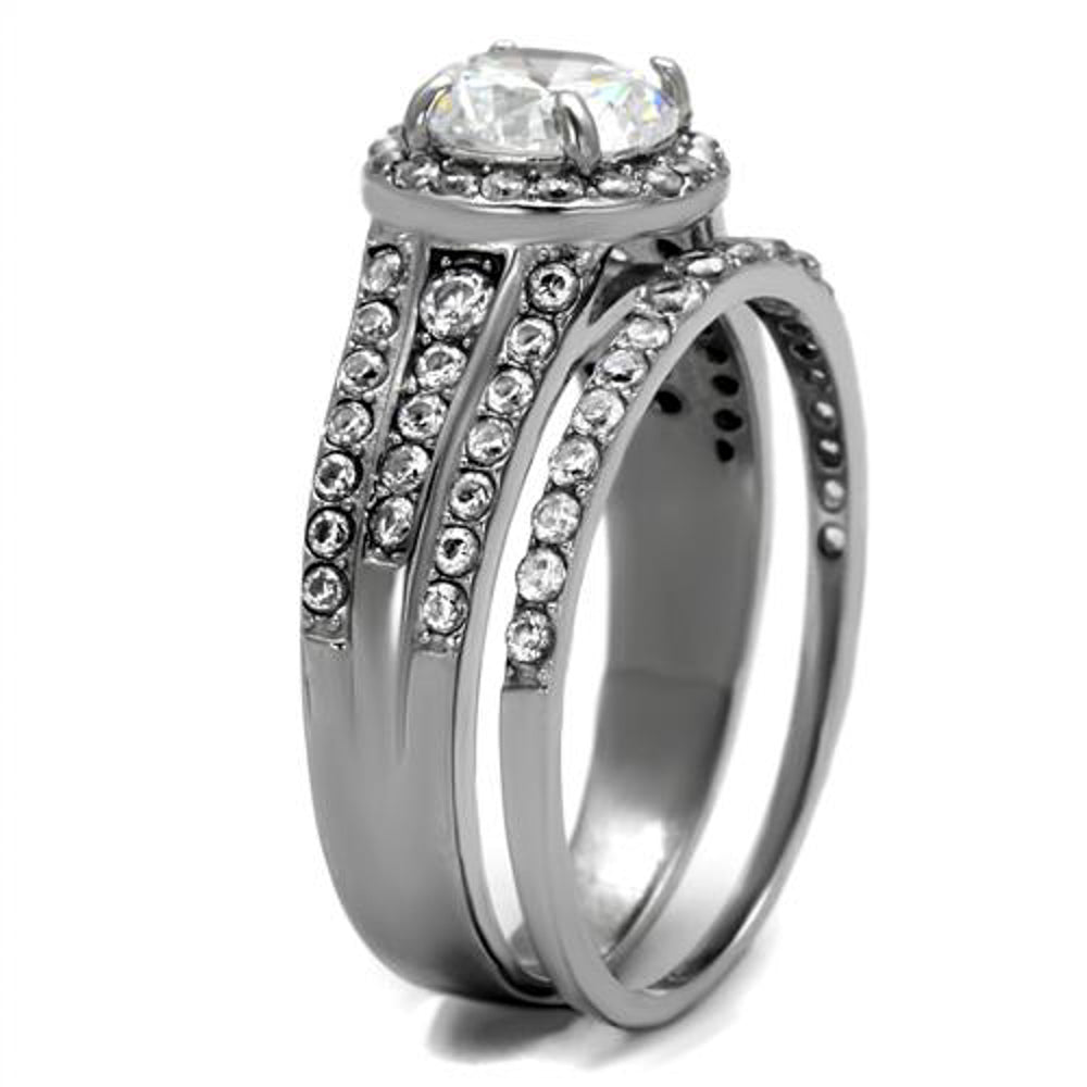 His and Her Stainless Steel 2.45 Ct Cz Bridal Ring Set and Men Zirconia Wedding Band Image 6