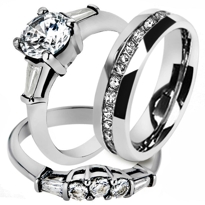 His and Hers Stainless Steel 1.95 Ct Cz Bridal Set and Mens Eternity Wedding Band Image 1