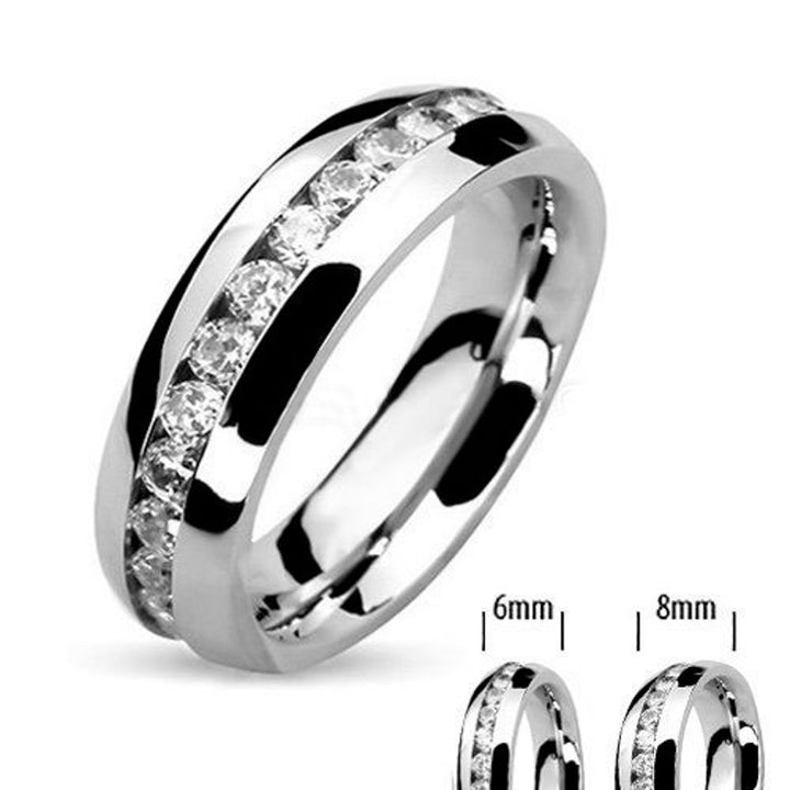 His and Hers Stainless Steel 2.29 Ct Cz Bridal Set and Mens Eternity Wedding Band Image 3