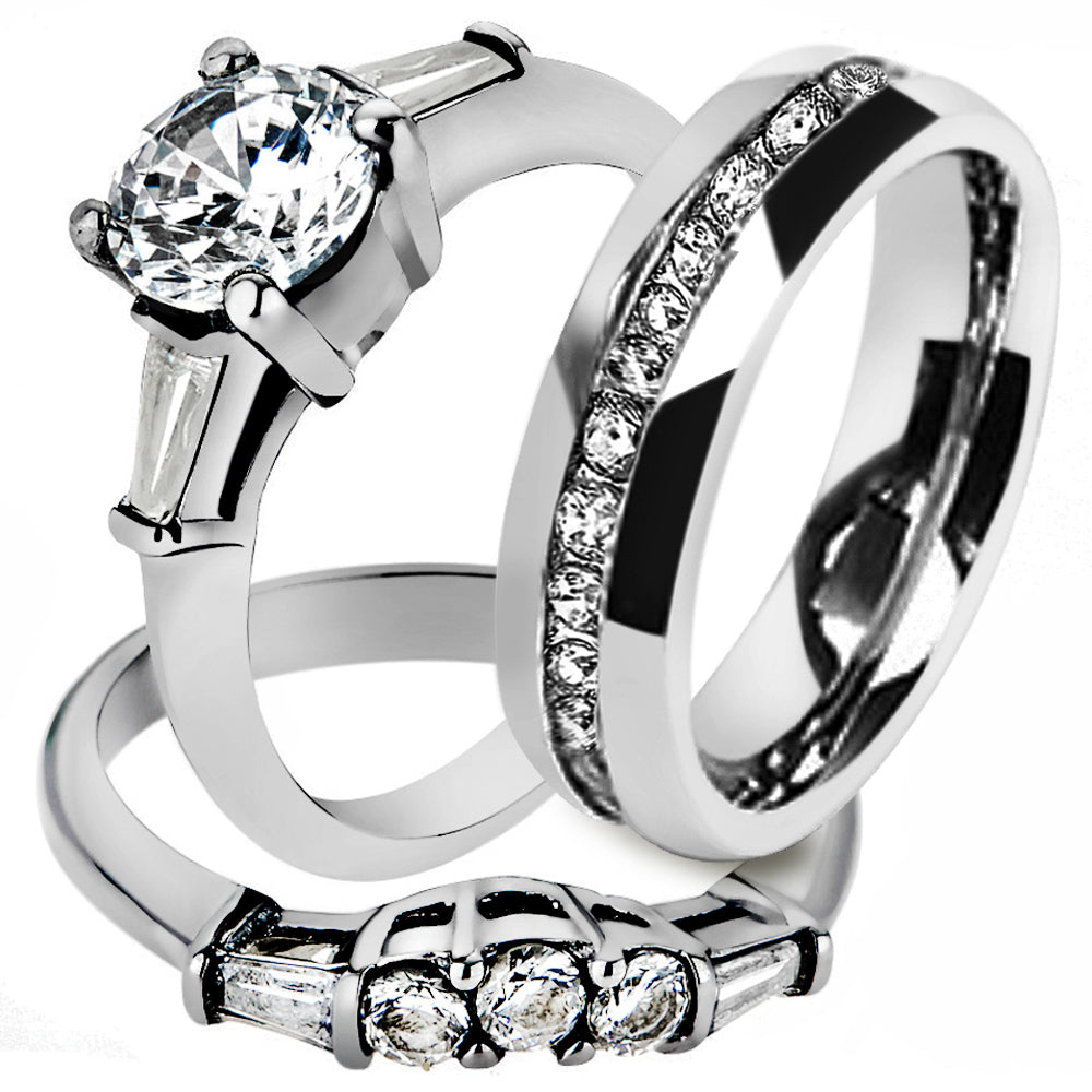 His and Hers Stainless Steel 1.95 Ct Cz Bridal Set and Mens Eternity Wedding Band Image 2