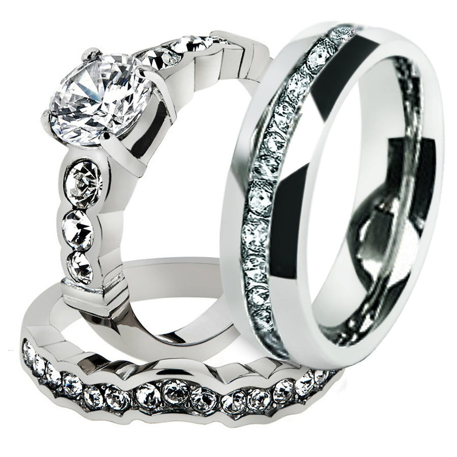His and Hers Stainless Steel 2.35 Ct Cz Bridal Set and Mens Eternity Wedding Band Image 1