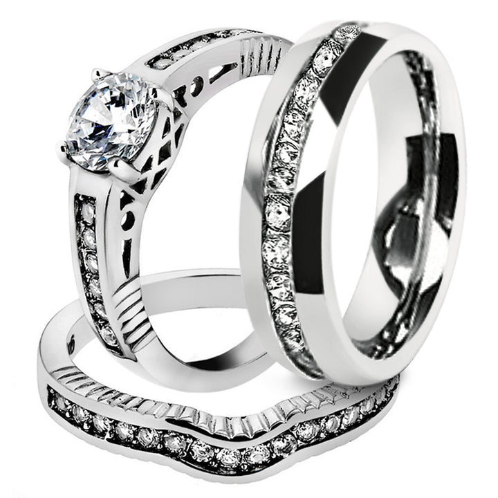 His and Hers Stainless Steel 1.75 Ct Cz Bridal Set and Mens Eternity Wedding Band Image 1