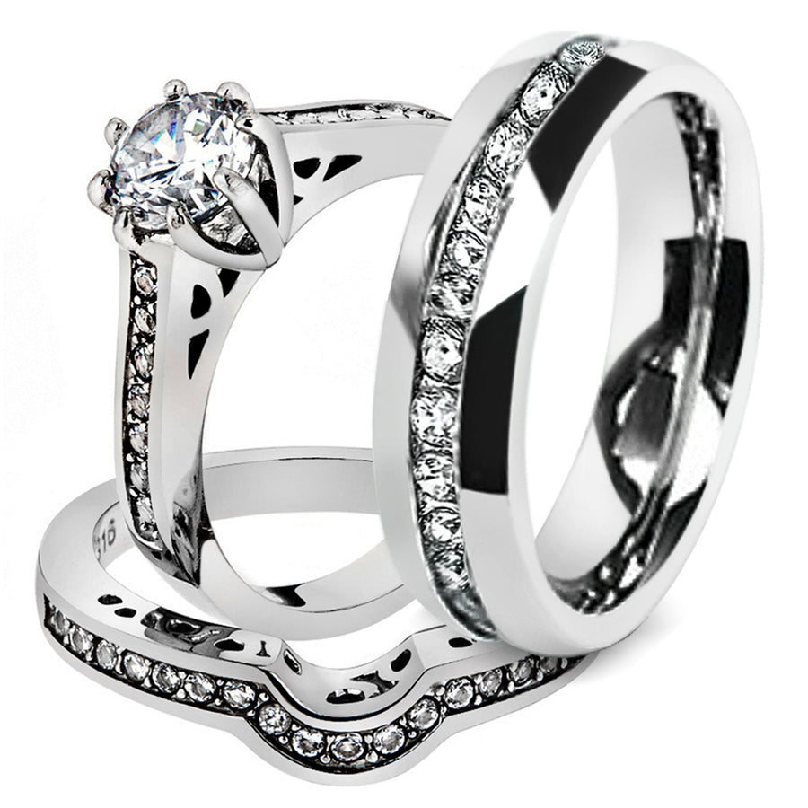 His and Hers Stainless Steel 1.85 Ct Cz Bridal Set and Mens Eternity Wedding Band Image 1