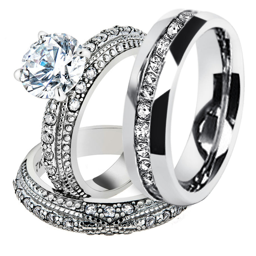His and Hers Stainless Steel 3.25 Ct Cz Bridal Set and Mens Eternity Wedding Band Image 1