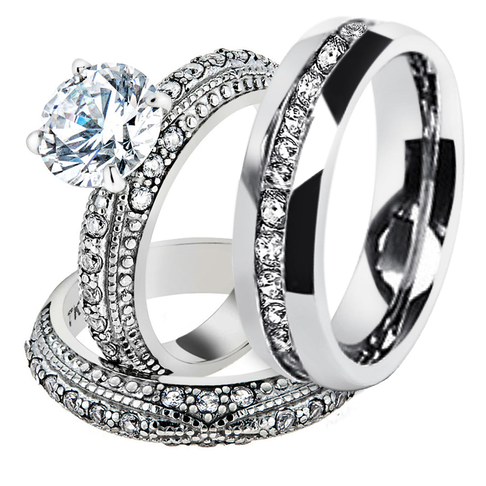 His and Hers Stainless Steel 3.25 Ct Cz Bridal Set and Mens Eternity Wedding Band Image 2