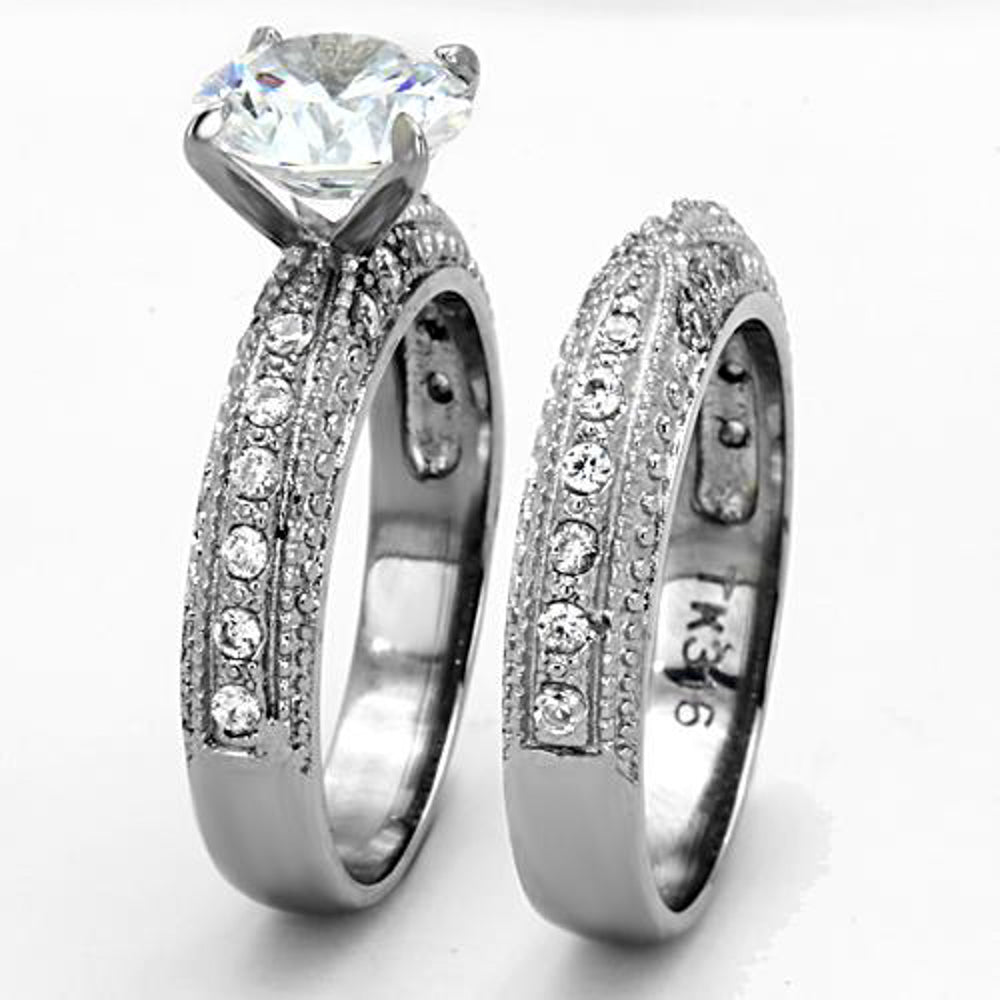 His and Hers Stainless Steel 3.25 Ct Cz Bridal Set and Mens Eternity Wedding Band Image 6