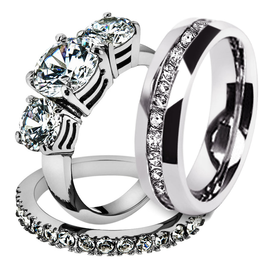 His and Hers Stainless Steel 4.17 Ct Cz Bridal Set and Mens Eternity Wedding Band Image 1
