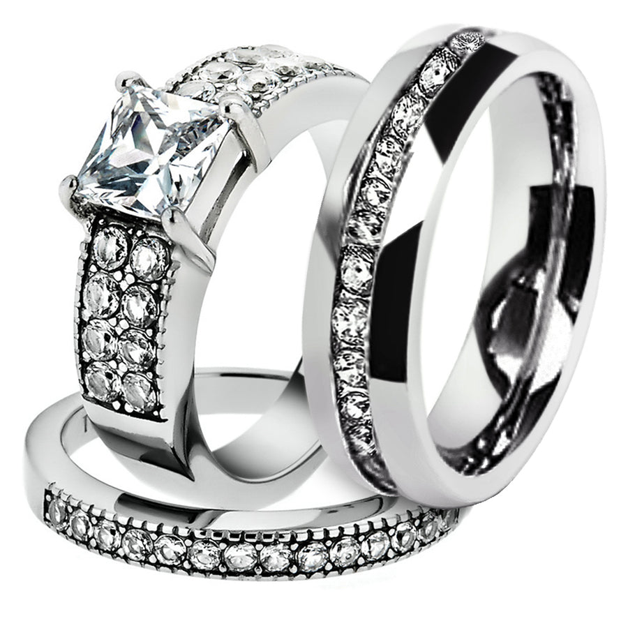 His and Hers Stainless Steel 2.07 Ct Cz Bridal Set and Mens Eternity Wedding Band Image 1