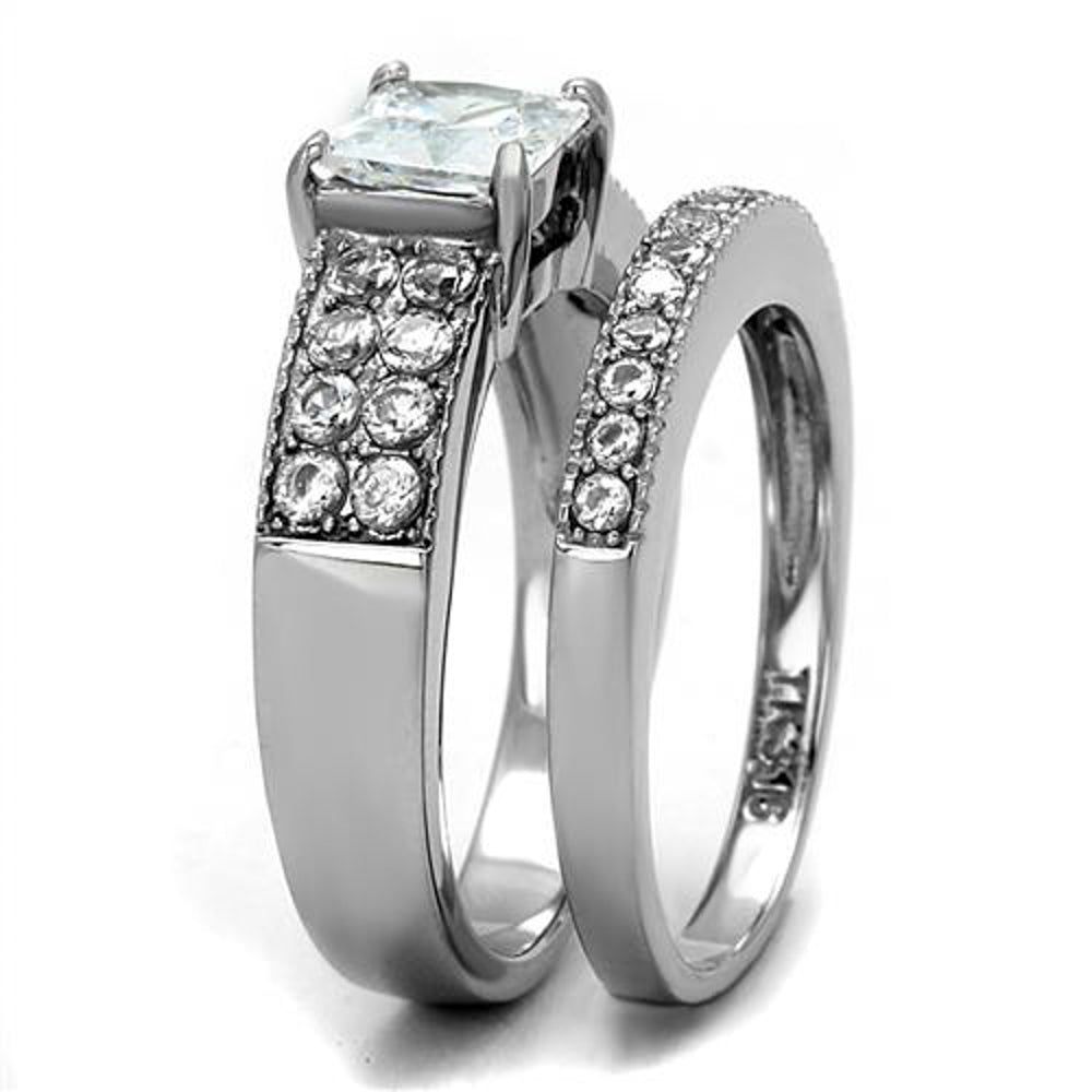 His and Hers Stainless Steel 2.07 Ct Cz Bridal Set and Mens Eternity Wedding Band Image 6