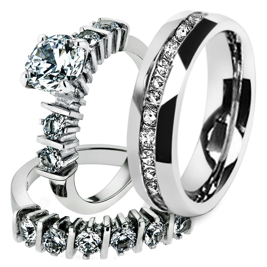 His and Hers Stainless Steel 2.38 Ct Cz Bridal Set and Mens Eternity Wedding Band Image 1