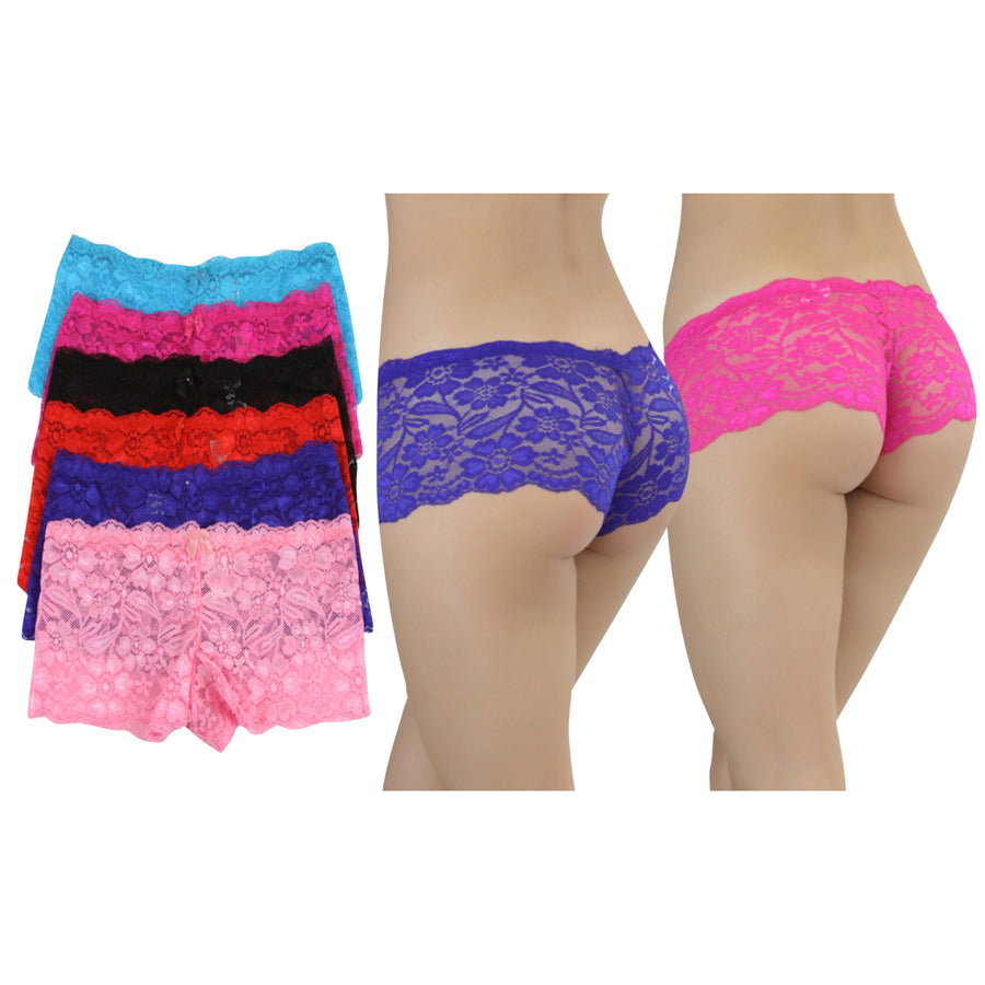 6 Pack of Womens Sheer Floral Lace Boyshorts Image 1