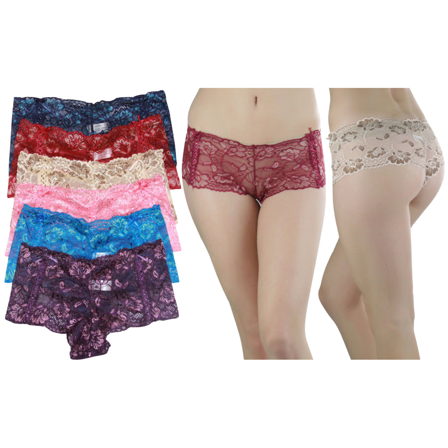 Womens Lace Boy Shorts with Floral Design 6 Pack Image 1