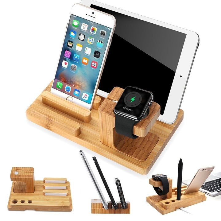 Bamboo Wood Charging Stand Bracket Docking Station Holder for iPhone iPad and Apple Watch Stand - AWS Image 1