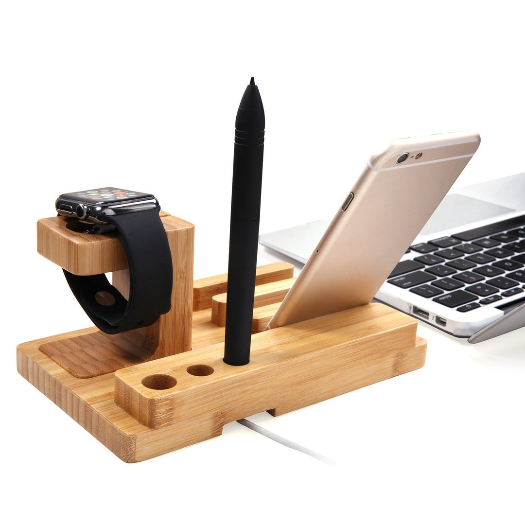 Bamboo Wood Charging Stand Bracket Docking Station Holder for iPhone iPad and Apple Watch Stand - AWS Image 2