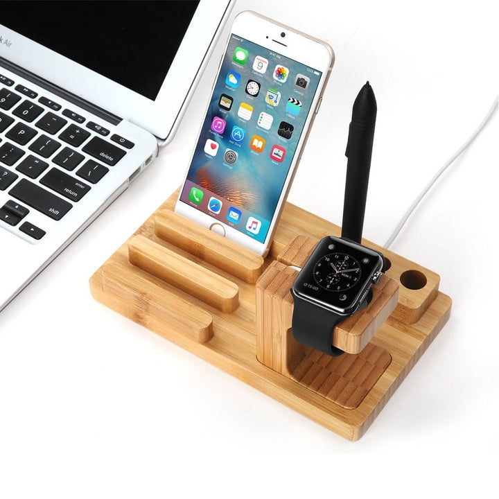 Bamboo Wood Charging Stand Bracket Docking Station Holder for iPhone iPad and Apple Watch Stand - AWS Image 6