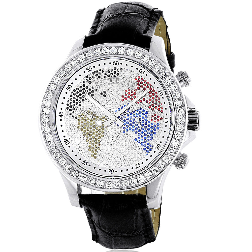 Luxurman Watches: Mens Word Map Diamond Watch 3ct Image 1