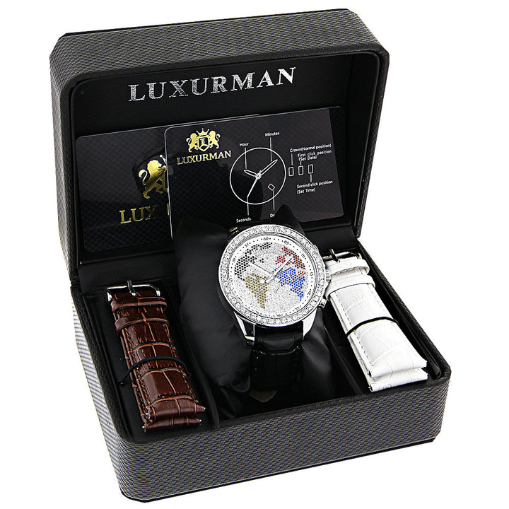 Luxurman Watches: Mens Word Map Diamond Watch 3ct Image 4