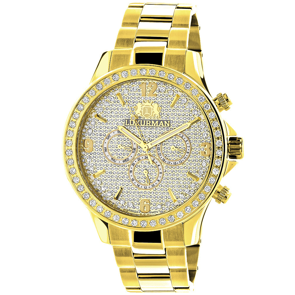 Luxurman Liberty Mens Diamond Watch 2ct 18k Yellow Gold Plated Image 1