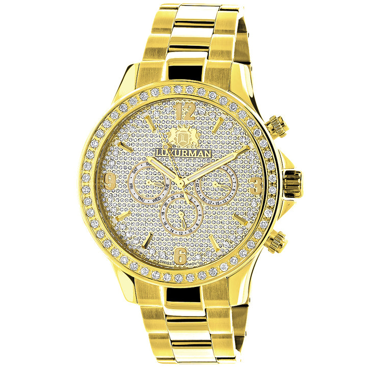 Luxurman Liberty Mens Diamond Watch 2ct 18k Yellow Gold Plated Image 1