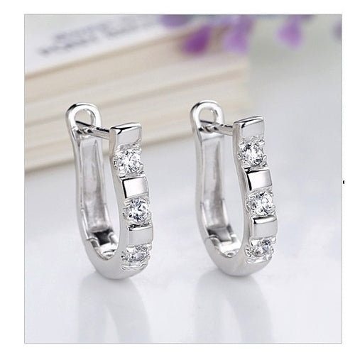 Silver Hoop Earrings with Crystal Diamonds Image 2