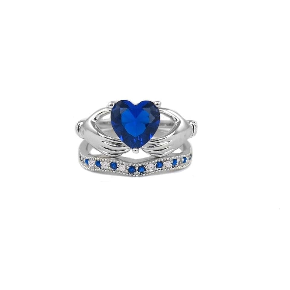 3.50cttw Sapphire Heart Cut Claddagh Ring and Band Set Image 1