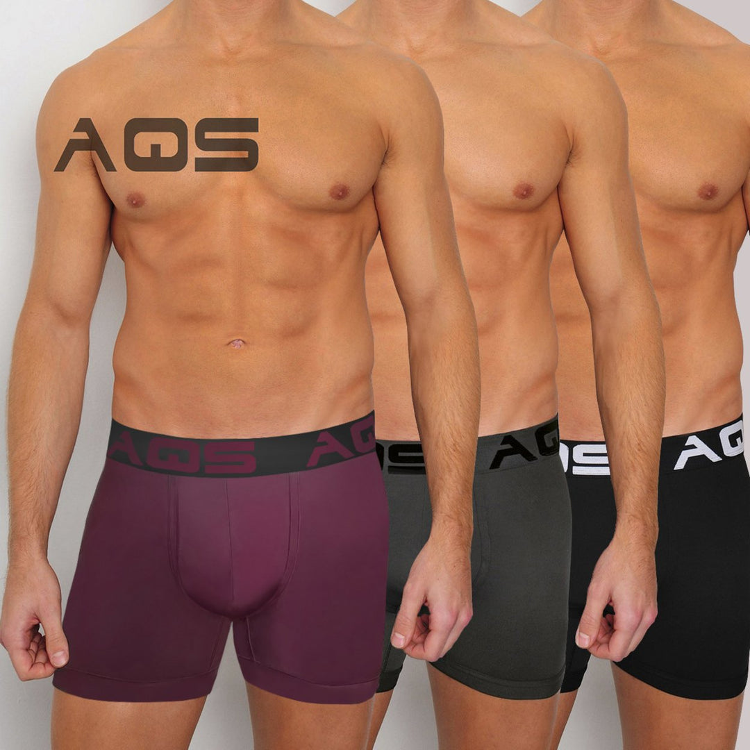 AQS Mens Black/Burgundy/Grey Boxer Briefs Three-pack of mens long boxer Image 1