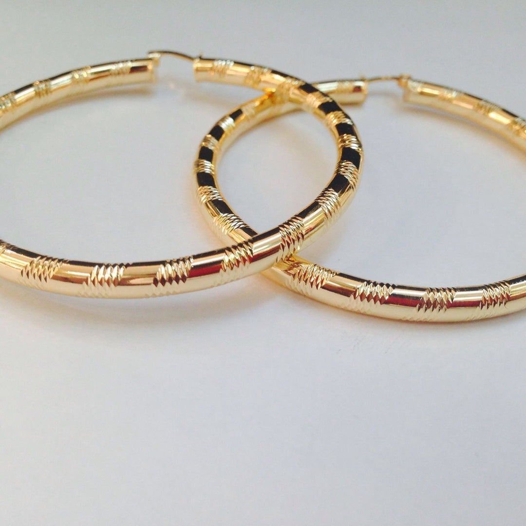 18K Gold Filled Hoops Earrings Diamond Cut Image 1