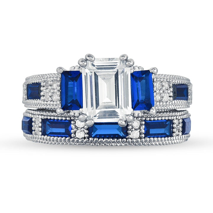 18k White Gold Emerald Cut Sapphire Ring and Band Set Image 4