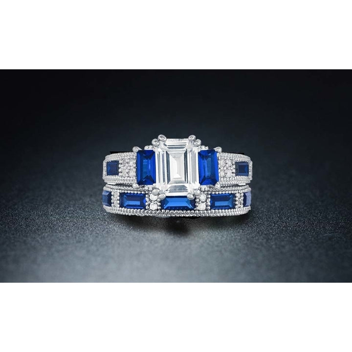 18k White Gold Emerald Cut Sapphire Ring and Band Set Image 3