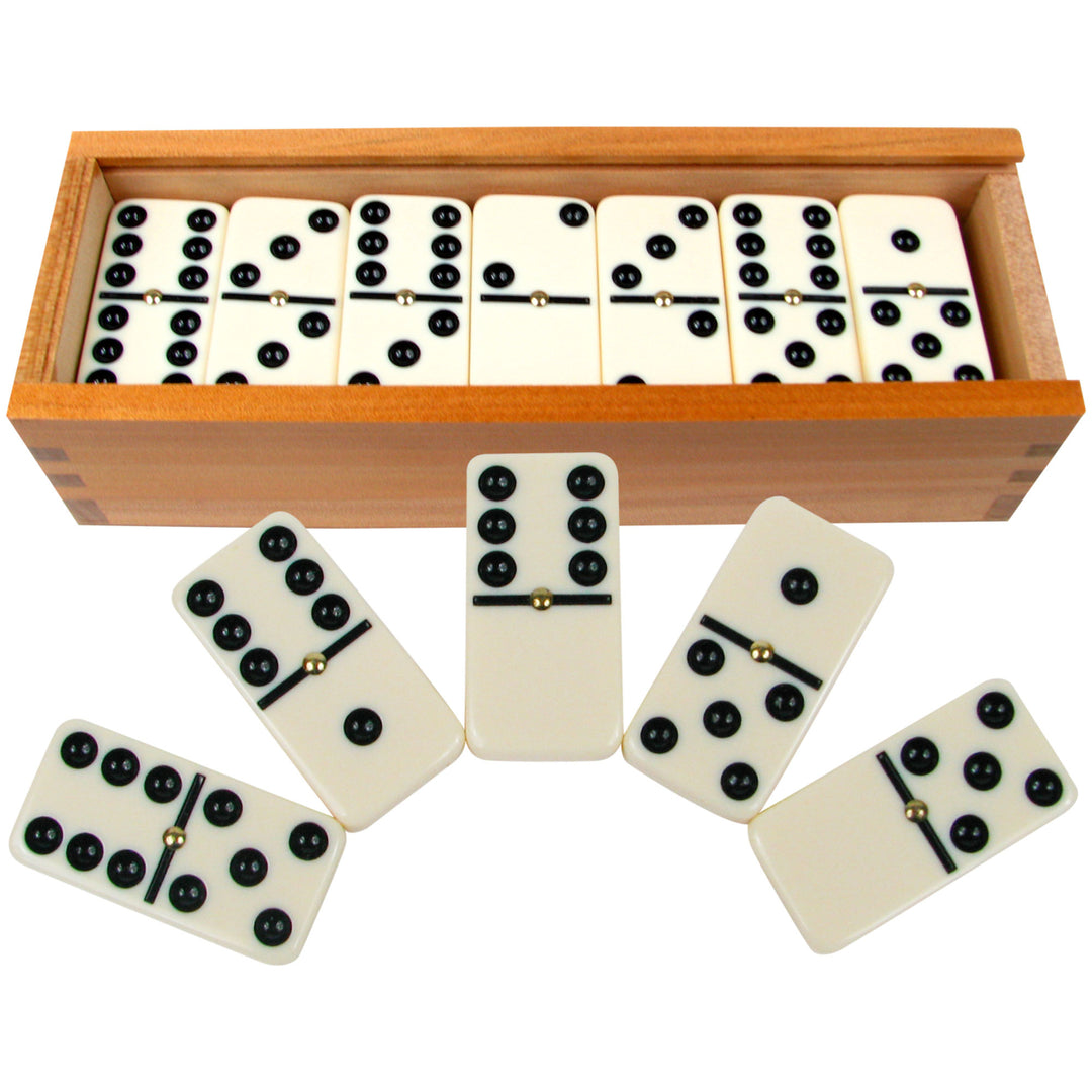 Premium Double Six Dominoes Set 28 Pieces with Wooden Storage Case Easy Flip Image 1