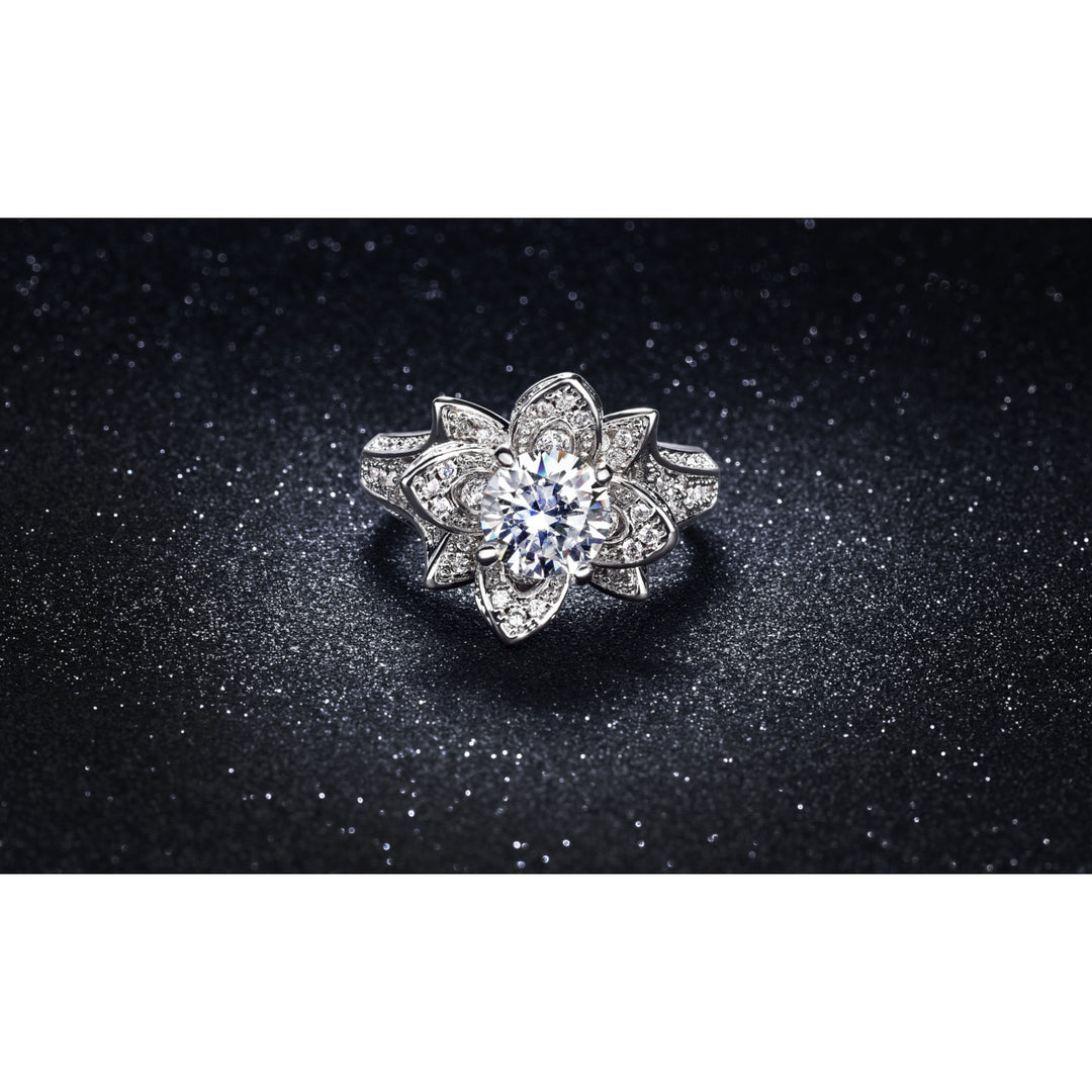 3.00 CTTW Pave Flower Ring 18k White Gold Plated Brass Sizes 6 7 8 9 Zirconia Image 1