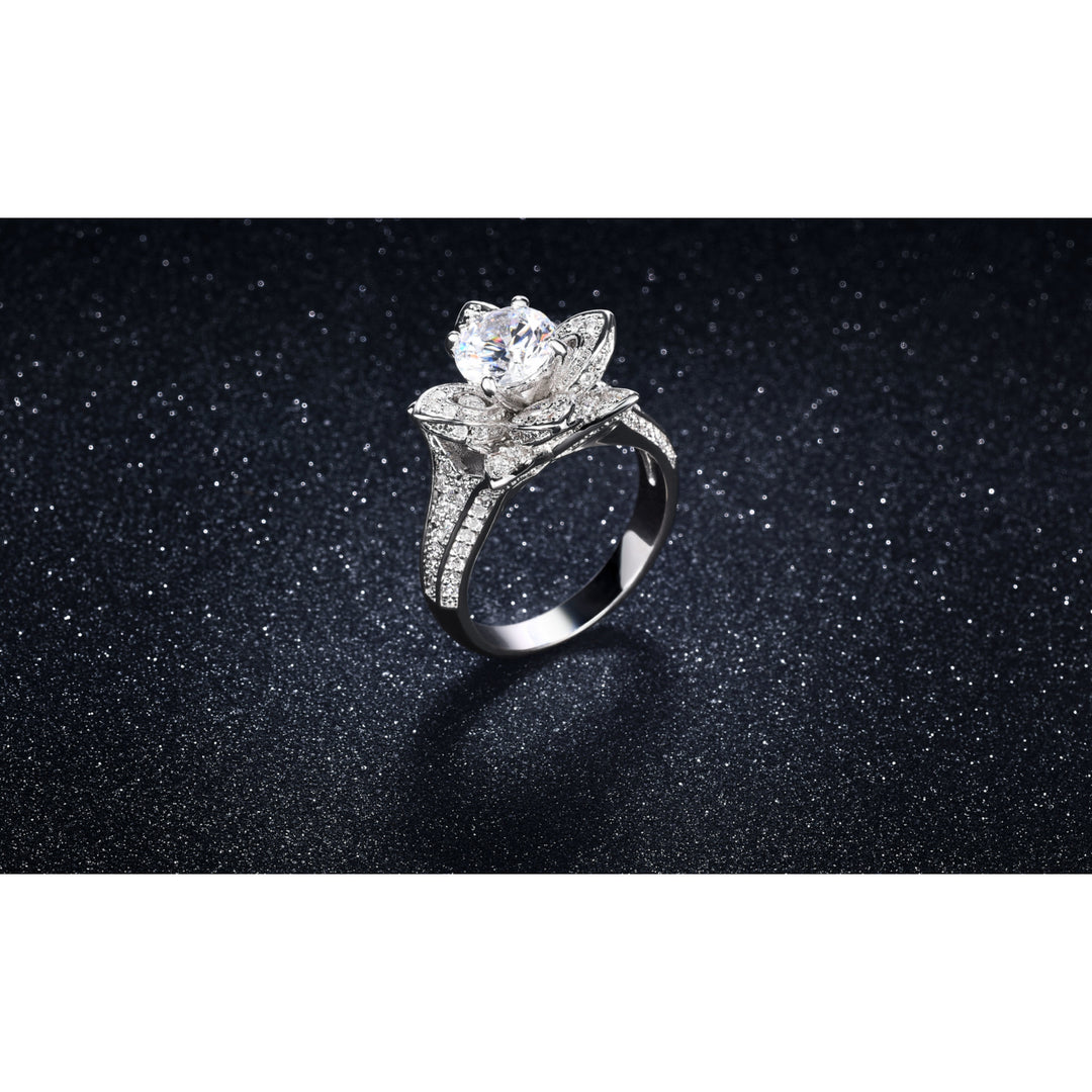 3.00 CTTW Pave Flower Ring 18k White Gold Plated Brass Sizes 6 7 8 9 Zirconia Image 2