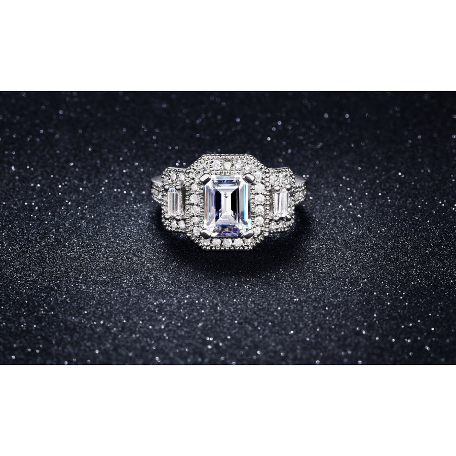 18k White Gold Plated Ring With Emerald Cut Stone and Micropave Image 1