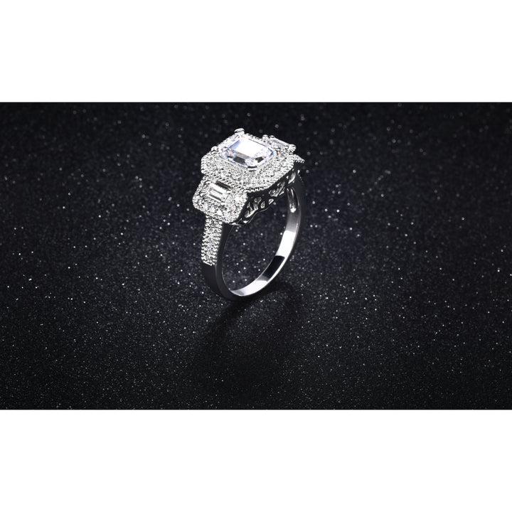 18k White Gold Plated Ring With Emerald Cut Stone and Micropave Image 2